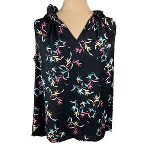 Chaps Sleeveless Blouse Top Floral Black Ruffle Neck Size M Medium Colorful